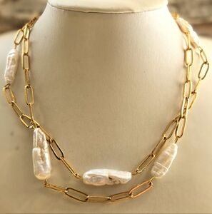 Freshwater White Pearl Sticks Biwa In Two Strand Gold Plated Paperclip Necklace